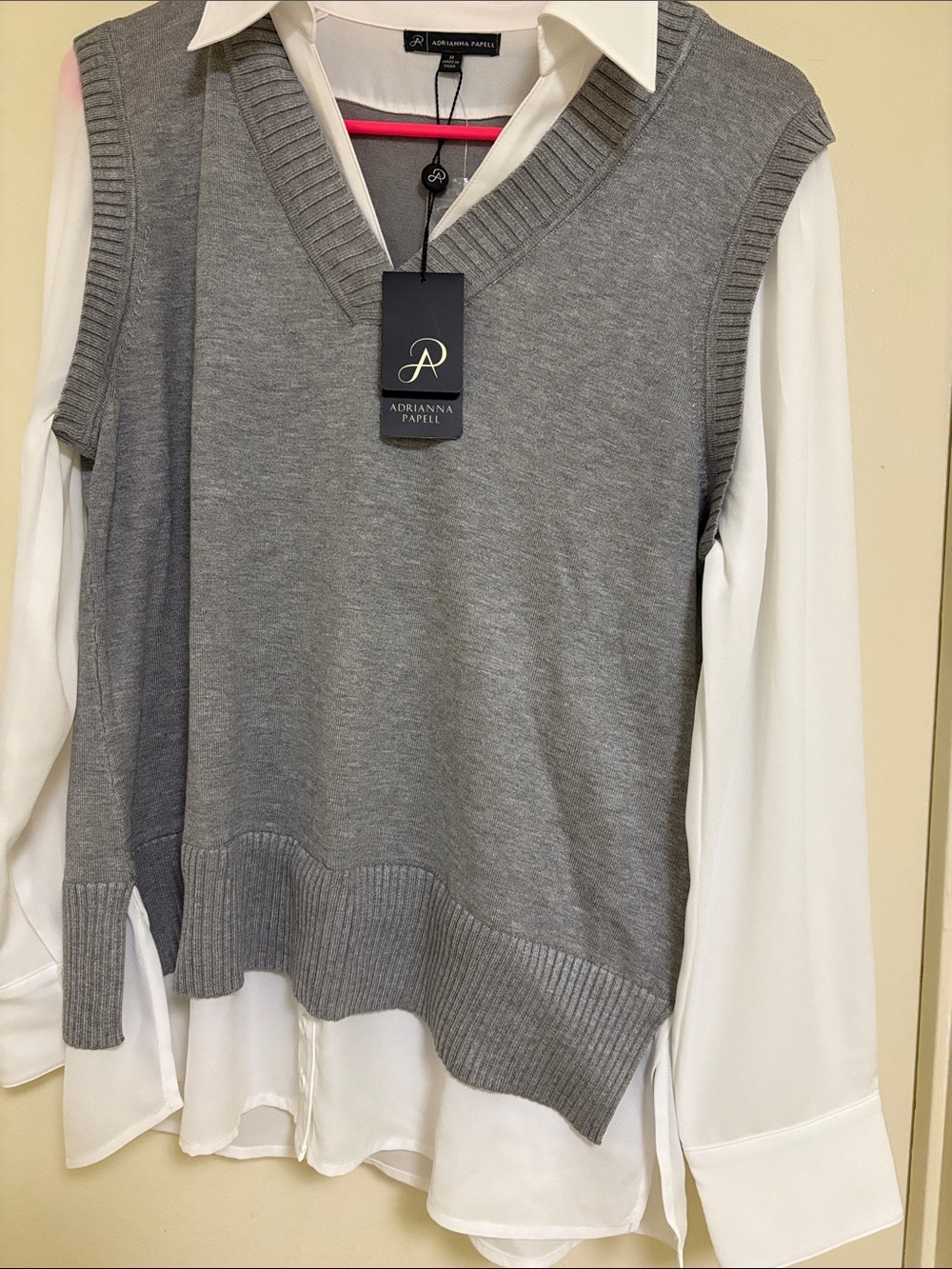Adrianna Papell Gray V-Neck Sweater Vest with White Blouse